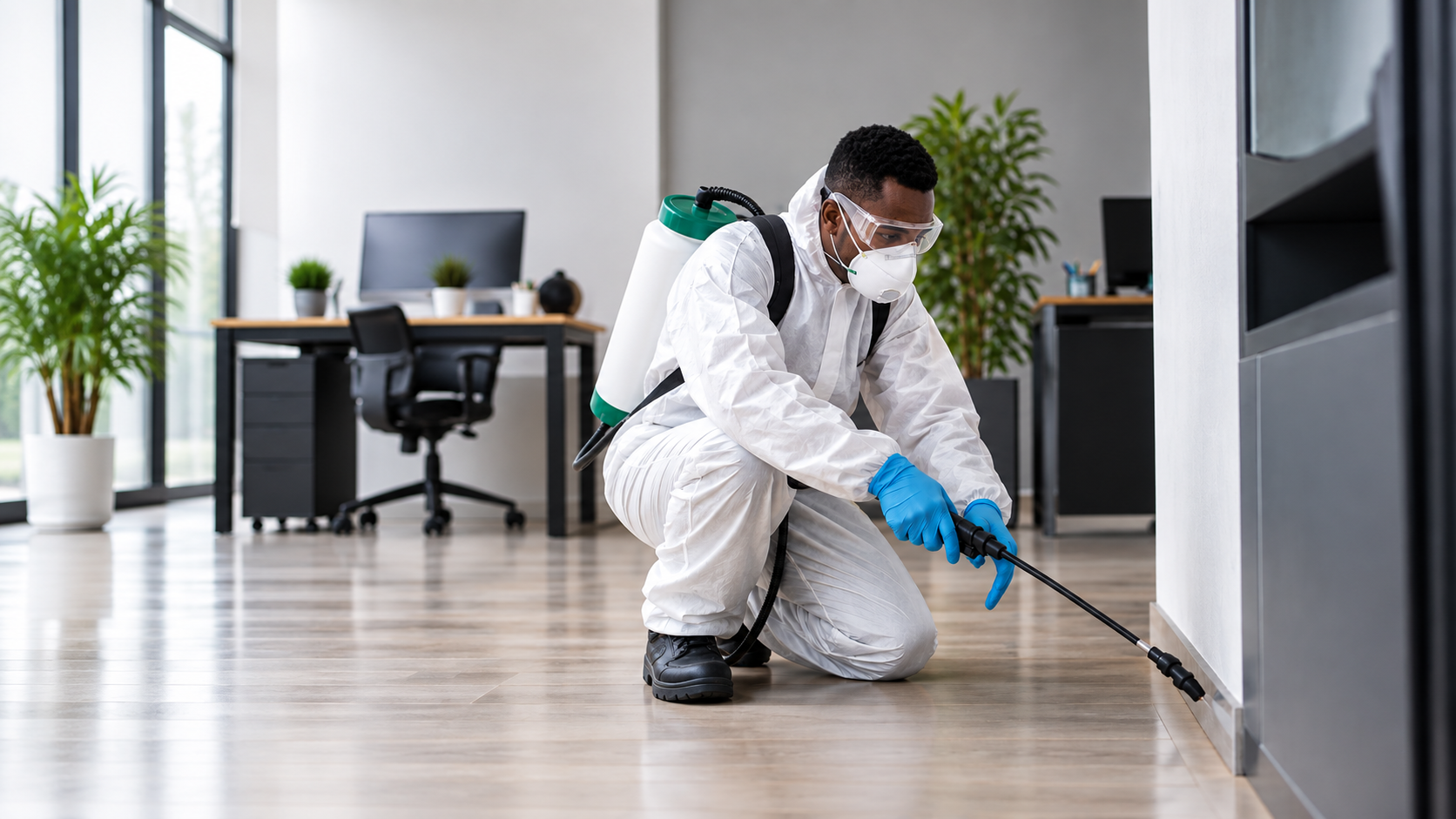 Professional hygiene technician carrying out a treatment service